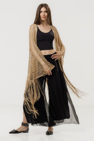 Rochii de Plajă tip Poncho - Poncho bej din plasa cu fir auriu si franjuri lungi