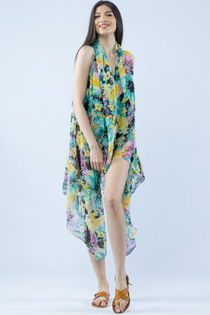 Pareo plaja din material plisat matasos si usor, imprimeu floral galben, mov si verde [1]
