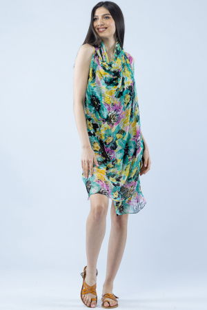 Pareo plaja din material plisat matasos si usor, imprimeu floral galben, mov si verde [2]