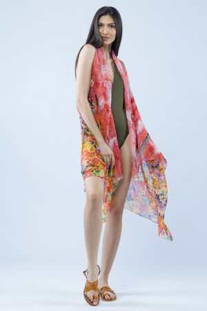 Pareo plaja din material plisat matasos si usor, imprimeu floral multicolor pe fond corai [1]