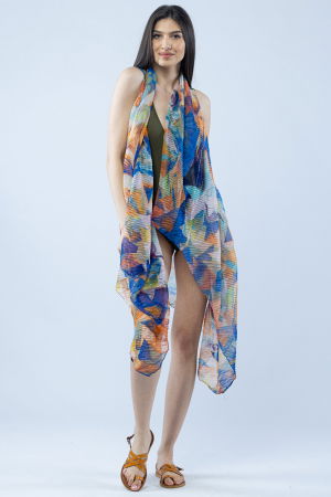 Îmbrăcăminte - Pareo plaja din material plisat matasos si usor, imprimeu abstract bleumarin si portocaliu