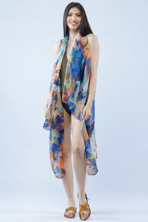 Pareo plaja din material plisat matasos si usor, imprimeu abstract bleumarin si portocaliu [1]