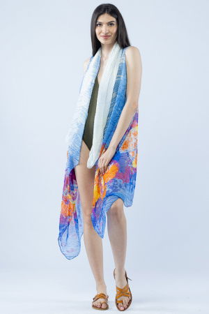 Pareo plaja din material plisat matasos si usor, imprimeu pictural alb, bleu si portocaliu [2]