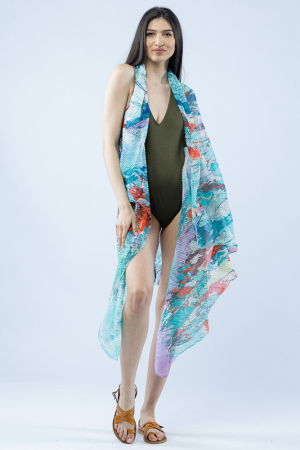 Pareo plaja din material plisat matasos si usor, in nuante de turcoaz si corai [1]