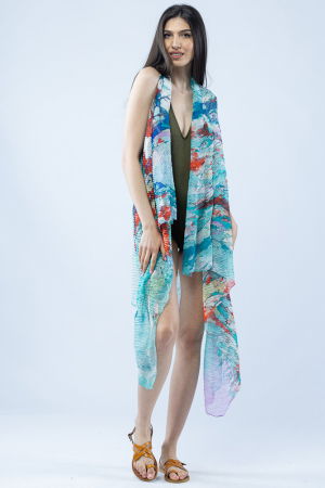 Pareo plaja din material plisat matasos si usor, in nuante de turcoaz si corai [3]