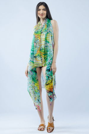 ÎMBRĂCĂMINTE - Pareo plaja din material plisat matasos si usor, imprimeu marmorat verde si galben