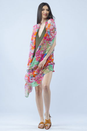 Pareo plaja din material plisat matasos si usor, imprimeu floral fucsia, portocaliu si verde [1]