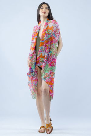 Eșarfe tip Pareo - Pareo plaja din material plisat matasos si usor, imprimeu floral fucsia, portocaliu si verde