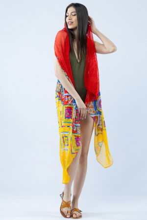 Pareo plaja din material plisat matasos si usor, imprimeu geometric multicolor pe galben si rosu [1]