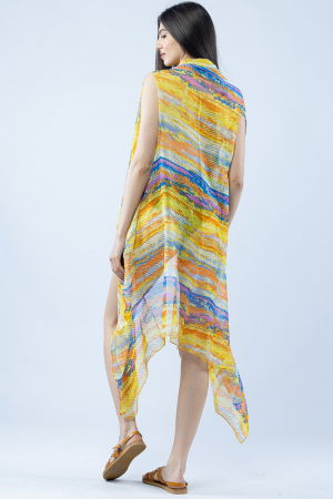 Pareo plaja din material plisat matasos si usor, imprimeu pictural galben, portocaliu si mov [3]