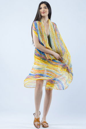 Îmbrăcăminte - Pareo plaja din material plisat matasos si usor, imprimeu pictural galben, portocaliu si mov