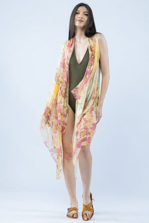 Pareo plaja din material plisat matasos si usor, imprimeu pastelat galben si roz pe fond bej [1]