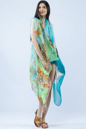 Îmbrăcăminte - Pareo plaja din material plisat matasos si usor, in nuante de turcoaz si verde