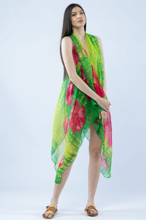 Eșarfe tip Pareo - Pareo plaja din material plisat matasos si usor, in nuante exotice de verde si fucsia