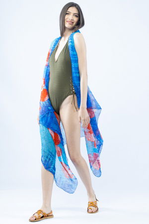 Pareo plaja din material plisat matasos si usor, in nuante exotice de albastru si corai [2]