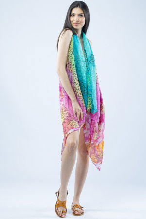 ACCESORII DAMĂ - Pareo plaja din material plisat matasos si usor, motive animal print albastre si mov