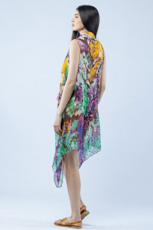 Pareo plaja din material plisat matasos si usor, imprimeu marmorat cu mov, verde si galben [1]