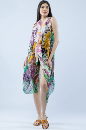Pareo plaja din material plisat matasos si usor, imprimeu marmorat cu mov, verde si galben [2]
