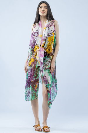 ÎMBRĂCĂMINTE - Pareo plaja din material plisat matasos si usor, imprimeu marmorat cu mov, verde si galben