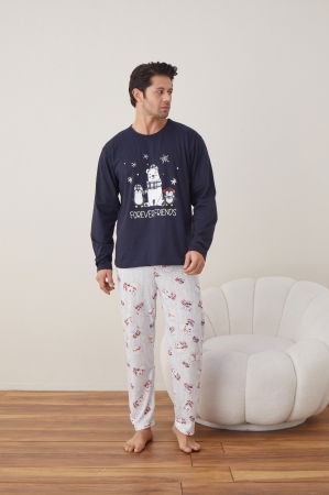 Pijamale barbati - Pijama barbati de Craciun din bumbac, doua piese cu prietenii lui Mos Craciun