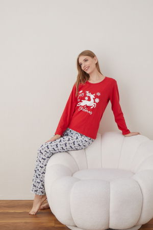 Pijama de Craciun din bumbac, doua piese cu renul lui Mos Craciun [3]