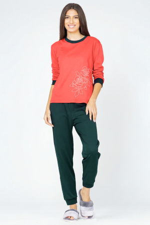 NOU IN SHOPIKA - Pijama din tricot de bumbac, doua piese cu floare, rosu - bleumarin