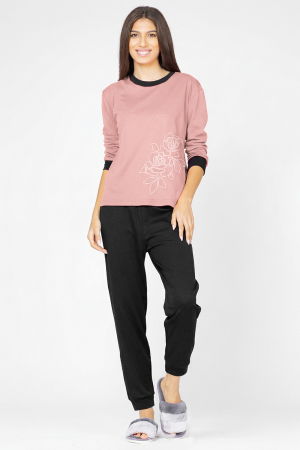 Pijamale de Damă - Pijama din tricot de bumbac, doua piese cu floare, roz prafuit - negru