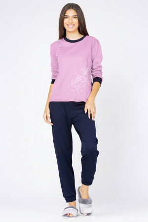 Pijamale de Damă - Pijama din tricot de bumbac, doua piese cu floare, lila - bleumarin
