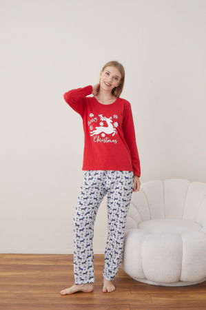 Pijamale - Pijama de Craciun din bumbac, doua piese cu renul lui Mos Craciun