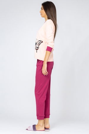 Pijama din tricot plin,de bumbac,doua piese cu fluture, roz - visiniu [1]