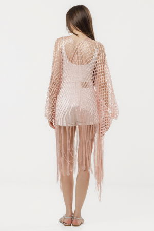 Poncho roz din plasa cu fir auriu si franjuri lungi [2]