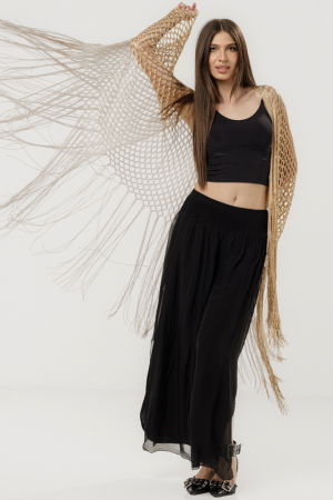 Poncho bej din plasa cu fir auriu si franjuri lungi [9]