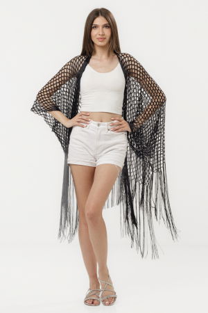 Poncho negru din plasa cu fir metalizat si franjuri lungi [2]