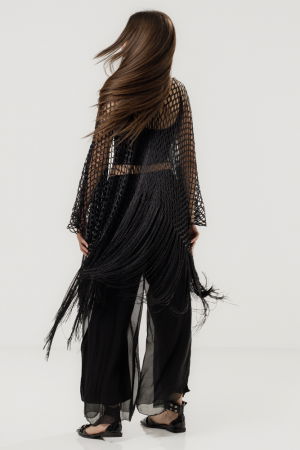 Poncho negru din plasa cu fir metalizat si franjuri lungi [5]