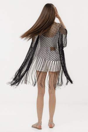 Poncho negru din plasa cu fir metalizat si franjuri lungi [4]