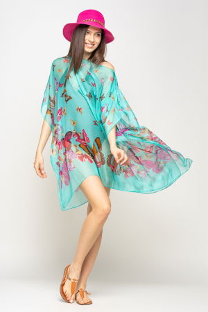 Rochie de plaja tip poncho cu fluturi pe fond turcoaz, vascoza si matase [3]