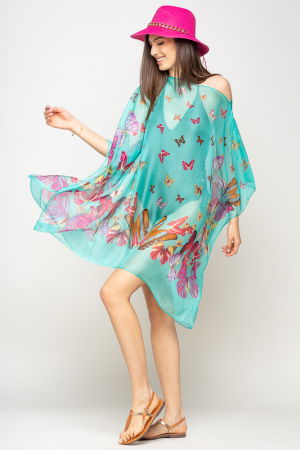 Rochie de plaja tip poncho cu fluturi pe fond turcoaz, vascoza si matase [4]