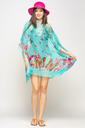 Rochii de Plajă tip Poncho - Rochie de plaja tip poncho cu fluturi pe fond turcoaz, vascoza si matase
