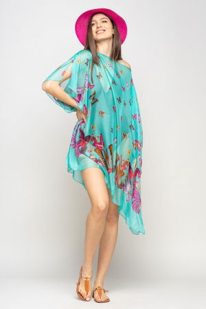 Rochie de plaja tip poncho cu fluturi pe fond turcoaz, vascoza si matase [2]