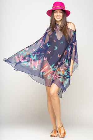 Rochie de plaja tip poncho cu fluturi pe fond bleumarin, matase si vascoza [4]