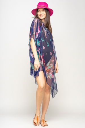 Rochie de plaja tip poncho cu fluturi pe fond bleumarin, matase si vascoza [1]