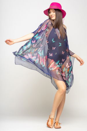 Rochie de plaja tip poncho cu fluturi pe fond bleumarin, matase si vascoza [5]