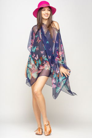 Rochie de plaja tip poncho cu fluturi pe fond bleumarin, matase si vascoza [2]