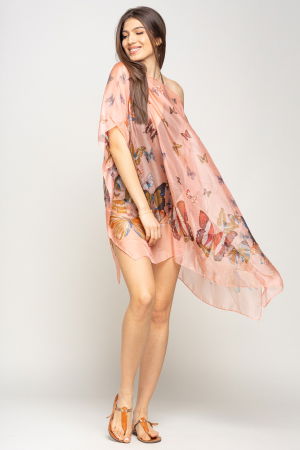 Rochie de plaja tip poncho cu fluturi pe fond roz, matase si vascoza [2]