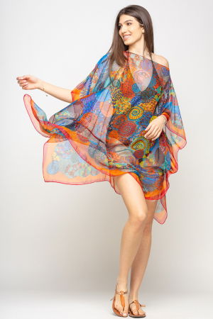 Rochie de plaja tip poncho cu mandale multicolore si margine rosie cu portocaliu, matase si vascoza [1]