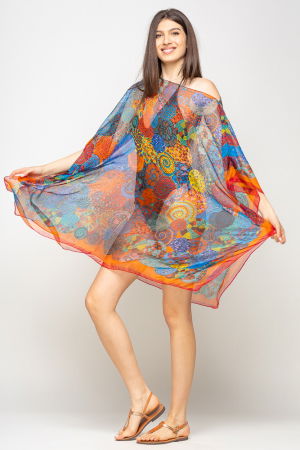 Rochii de Plajă tip Poncho - Rochie de plaja tip poncho cu mandale multicolore si margine rosie cu portocaliu, matase si vascoza