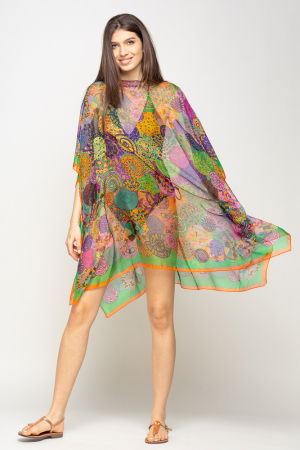 Rochie de plaja tip poncho cu mandale multicolore si margine portocalie cu verde, matase si vascoza [1]