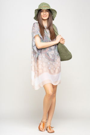 Rochie de plaja tip poncho cu motive florale si buline bej, vascoza [1]
