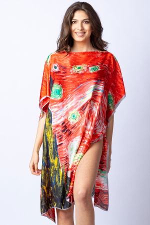 Rochii de Plajă tip Poncho - Rochie de plaja tip poncho din matase cu stilizare "Noaptea Instelata" pe fond rosu