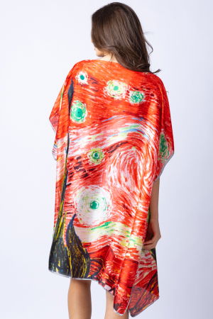 Rochie de plaja tip poncho din matase cu stilizare "Noaptea Instelata" pe fond rosu [2]